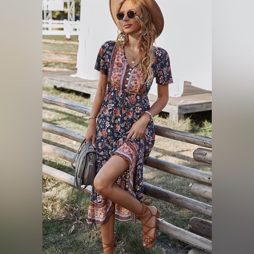Numa Girl | Navy Floral Buttoned Drawstring Midi Dress - Boho - SM - LIKE NEW!